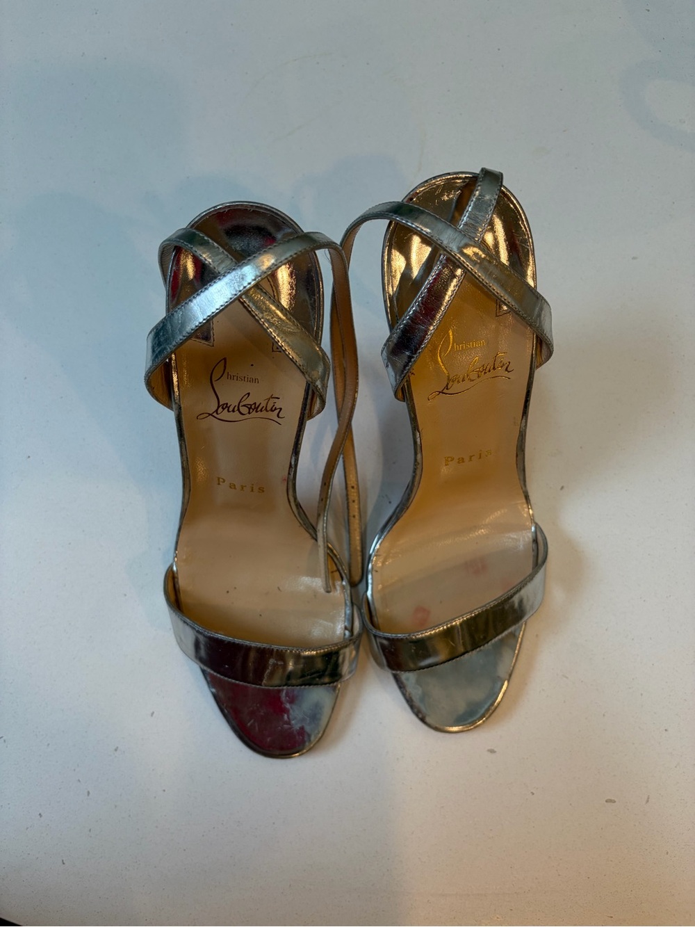 Christian Louboutin Silver Crisscross Strap Heeled Sandals